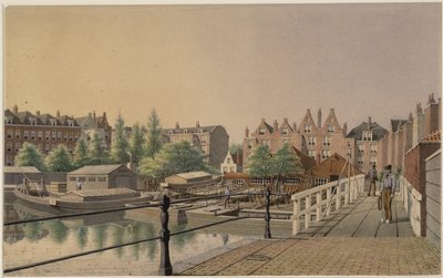 De stadsschuitenwerf gezien in Westelijke richting naar de achterhuizen aan de Amstel tekijältä Johan Rieke